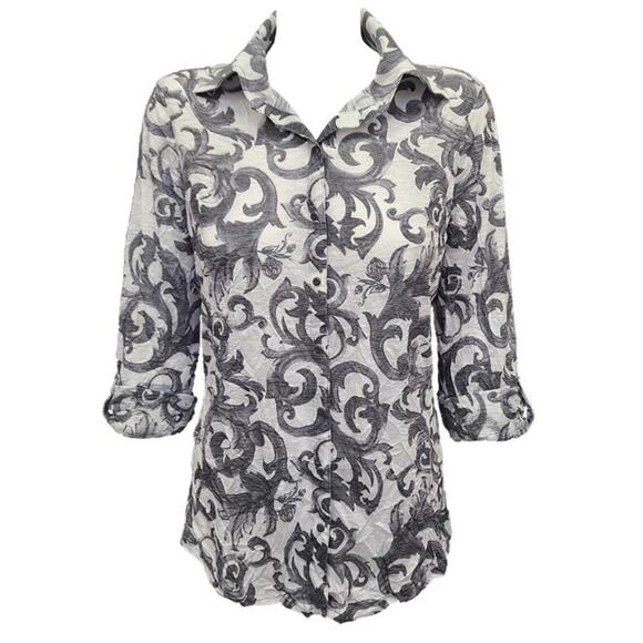 David Cline Button Down Shirt •XS• Collared Grey Jet Scroll Paisley 9100 Blouse - Picture 1 of 10